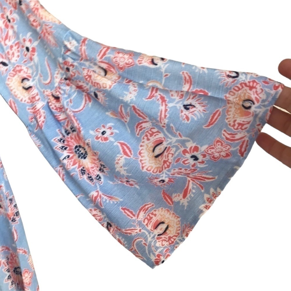 Peck & Peck Floral Print Bell Sleeve Blouse Blue Coral Rayon Boho Top S - Picture 3 of 8
